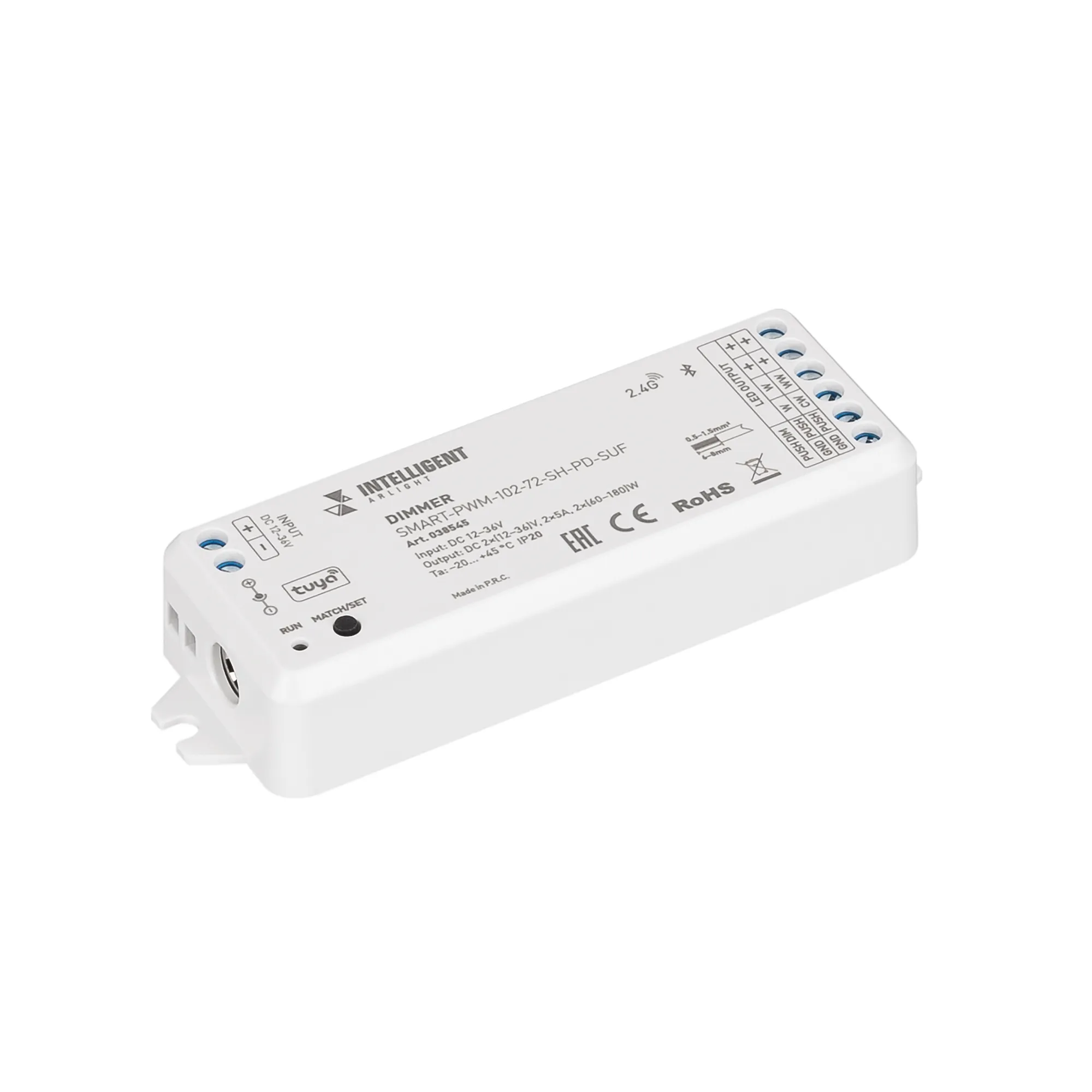 INTELLIGENT ARLIGHT Диммер SMART-PWM-102-72-SH-PD-SUF (12-36V, 2x5A, TUYA BLE, 2.4G) (IARL, IP20 Пластик, 5 лет) - изображение товара